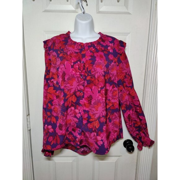 Adyson Parker Tops - Adyson Parker Pink Purple Floral Ruffle Button-Up High Low LS Blouse Top L